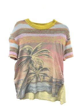 We The Free Multicolor Palm Tree Knit Top - Yellow, Pink, Blue, Brown